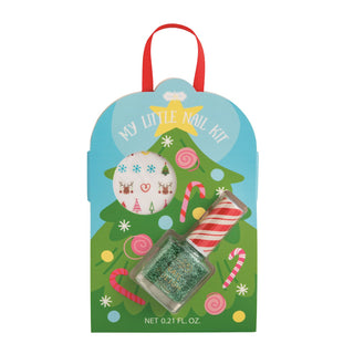 Mud Pie kids’ holiday nail kits in Santa, tree, and nutcracker designs with glitter polish and festive nail stickers.