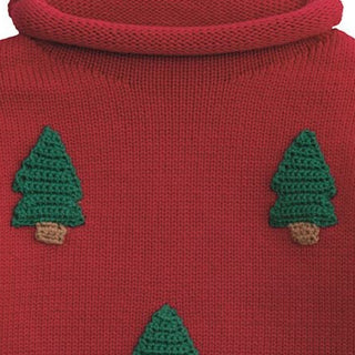 Red rollneck Christmas sweater with hand-crocheted tree appliqués—classic holiday style for toddlers and little kids.