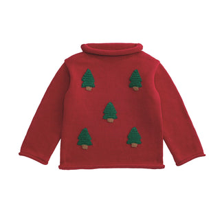 Red rollneck Christmas sweater with hand-crocheted tree appliqués—classic holiday style for toddlers and little kids.