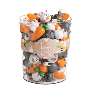 Mud Pie Funny Bunny pull-back racer toys in display bucket with carrot cars and bunny characters, fun kids Easter basket toy gift ide