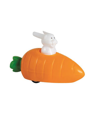 Mud Pie pull-back bunny racer toy with white bunny riding inside carrot car, cute Easter basket stuffer toy for toddlers and kids
