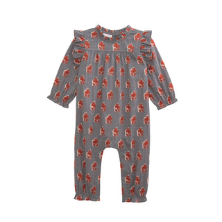 Baby girl long-sleeve floral romper with ruffle trim in warm fall tones—made from soft cotton voile with snap legs for easy diaper changes.