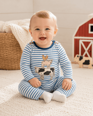 Mud Pie Baby Boy Farm Friends Striped One-Piece Outfit-Infants-Simply Blessed Children's Boutique
