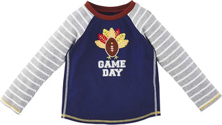 Mud Pie boys' long sleeve Game Day tee with football turkey applique, striped sleeves, and navy body—perfect for Thanksgiving and fall.