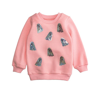 Girls pink Halloween sweatshirt with sparkly sequin ghost details—playful and cozy boutique style for pumpkin patches and spooky fun.