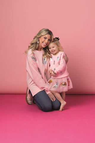 Pink sequin ghost sweatshirt by Mud Pie for girls and moms—fun, festive, and perfect for matching Halloween styles.