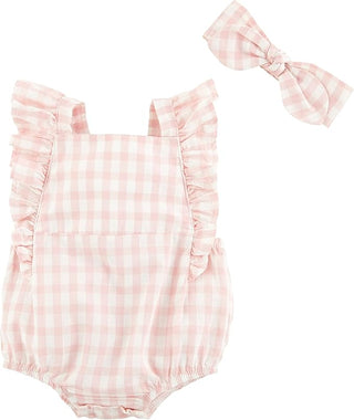 Mud Pie Baby Girl Pink Checkered Outfit & Matching Headband