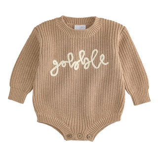 Baby’s Thanksgiving sweater bubble with “Gobble” embroidery, cozy knit fabric, ribbed trim, and button leg snaps for easy changes.
