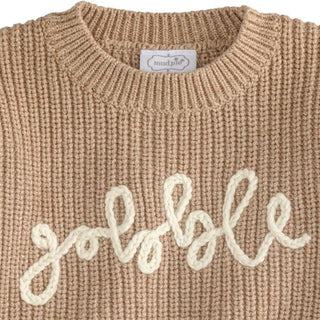 Baby’s Thanksgiving sweater bubble with “Gobble” embroidery, cozy knit fabric, ribbed trim, and button leg snaps for easy changes.