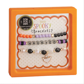Set of 3 Mud Pie Halloween beaded bracelets—glow-in-the-dark stretch sets in Haunted, Hey Boo, or Spooky designs.