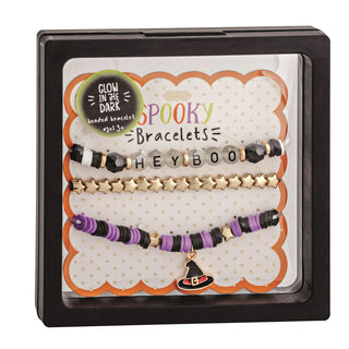Set of 3 Mud Pie Halloween beaded bracelets—glow-in-the-dark stretch sets in Haunted, Hey Boo, or Spooky designs.