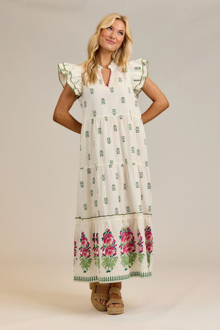 Mud Pie Ladies' Ivory Block Print Tiered Maxi Dress - Simply Blessed Children's Boutique