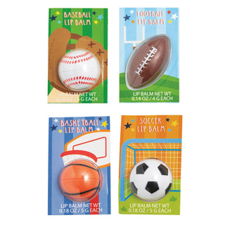Four lip balm packages with sports-themed designs on a white background