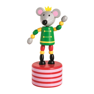 Whimsical Mouse King in a green coat with crown, standing on a red-striped base from Mud Pie’s Nutcracker toy set.