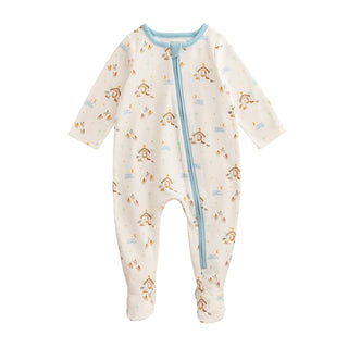 Mud Pie baby sleeper with all-over Nativity print and blue trim—soft cotton footie perfect for baby's first Christmas and bedtime snuggles.