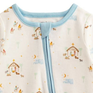 Mud Pie baby sleeper with all-over Nativity print and blue trim—soft cotton footie perfect for baby's first Christmas and bedtime snuggles.