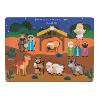 Mud Pie Nativity sound puzzle with peg pieces that play sounds—features Holy Family, animals, angel, and Wise Men.