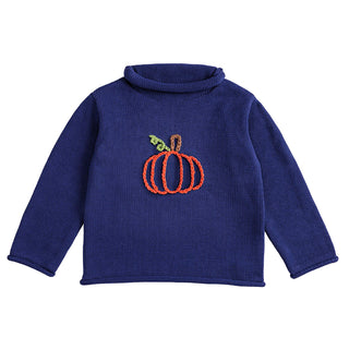 Navy cotton rollneck sweater for boys with hand-crocheted pumpkin appliqué, perfect for fall and Thanksgiving outings.