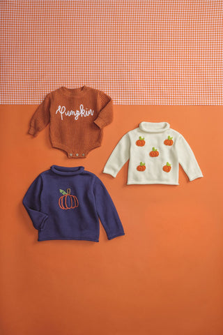 Baby’s Thanksgiving sweater bubble with “Gobble” embroidery, cozy knit fabric, ribbed trim, and button leg snaps for easy changes.