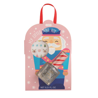 Mud Pie kids’ holiday nail kits in Santa, tree, and nutcracker designs with glitter polish and festive nail stickers.