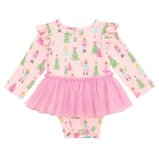 Pink Nutcracker tutu crawler with ruffled sleeves and mesh skirt—perfect for baby's first Christmas or holiday photos.