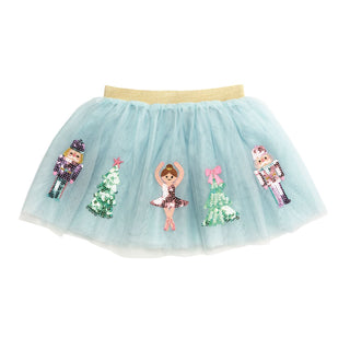 Blue Nutcracker tutu with sequin ballerinas, Christmas trees, and gold waistband—perfect for holiday parties and festive dress-up fun.