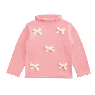Pink cotton rollneck sweater for girls featuring six cream crochet bows—classic boutique charm with cozy fall and winter style.