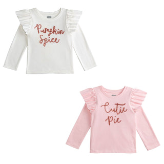 Girls long sleeve tees with ruffle shoulders and tinsel wording—available in ivory “Pumpkin Spice” or pink “Cutie Pie” for fall charm.