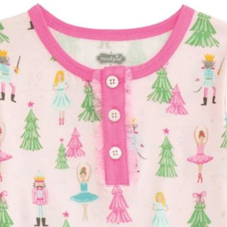 Nutcracker-themed bamboo pajamas with ballerinas, soldiers, and mesh ruffles—soft, festive, and perfect for Christmas memories.