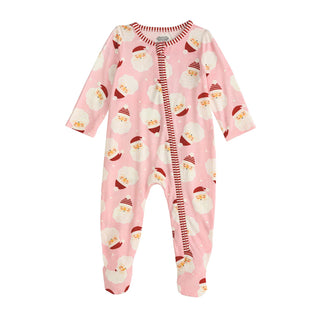 Pink footed sleeper with glow-in-the-dark Santa print and striped trim—made from soft bamboo knit for cozy Christmas bedtime comfort.