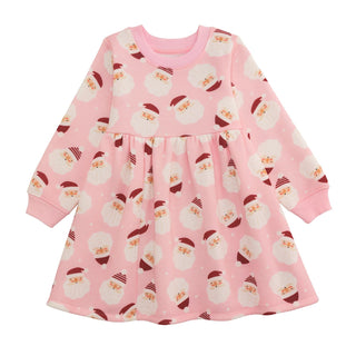 Pink Santa-print sweatshirt dress for girls with long sleeves, twirl skirt, and cozy French terry—perfect for holiday fun and comfort.