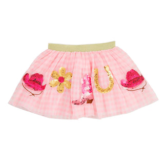 Mud Pie pink Western tutus with sequin boots, hats, and flowers—available in gingham or tulle for your little cowgirl's dress-up and play.