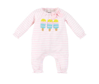 Pink striped one-piece with crochet popsicle appliqués and a sweet bow—adorable summer sleeper from Mud Pie.