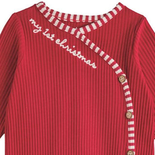 Red ribbed baby sleeper with “my 1st Christmas” embroidery and candy stripe trim—perfect for baby’s first holiday celebration.