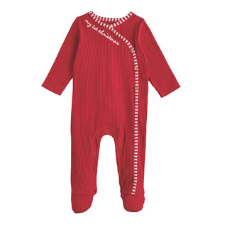 Red ribbed baby sleeper with “my 1st Christmas” embroidery and candy stripe trim—perfect for baby’s first holiday celebration.