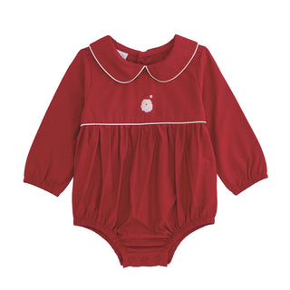 Red poplin baby bubble with hand-embroidered Santa, Peter Pan collar, and white piping—perfect for holiday photos and gatherings.