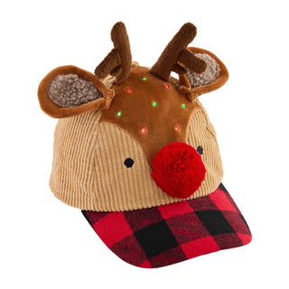 Mud Pie light-up Christmas baseball caps for kids in Santa or Reindeer designs with cozy fabric and festive LED lights.