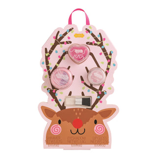 Kids’ Christmas make-up kits from Mud Pie in Reindeer or Tree designs—includes eyeshadow, gloss, shimmer, and brush.
