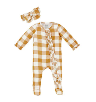 Mud Pie Rust Check Girl's Sleeper & Headband Set