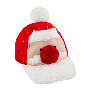 Mud Pie light-up Christmas baseball caps for kids in Santa or Reindeer designs with cozy fabric and festive LED lights.