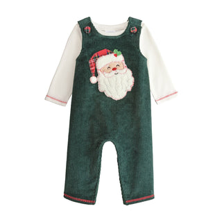 Green corduroy longall with appliquéd Santa and plaid buttons, paired with a cream waffle knit top—classic baby Christmas outfit.