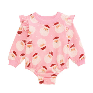 Pink baby bubble with Santa print, ruffle shoulders, and cozy French terry fabric—perfect for holiday photos and festive comfort.
