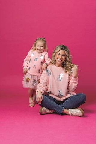 Pink sequin ghost sweatshirt by Mud Pie for girls and moms—fun, festive, and perfect for matching Halloween styles.