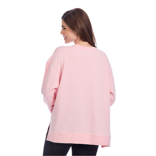 Pink women's Halloween sweatshirt with sparkling sequin ghost appliqués—fun and cozy style for pumpkin patches or spooky season events.