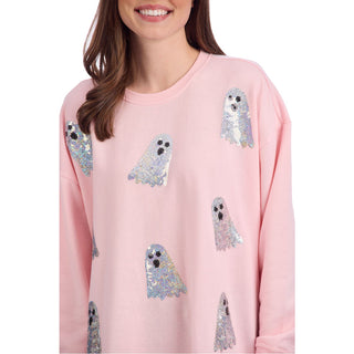 Pink women's Halloween sweatshirt with sparkling sequin ghost appliqués—fun and cozy style for pumpkin patches or spooky season events.