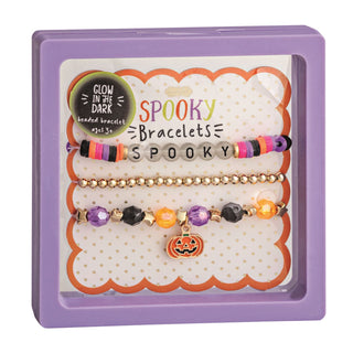 Set of 3 Mud Pie Halloween beaded bracelets—glow-in-the-dark stretch sets in Haunted, Hey Boo, or Spooky designs.
