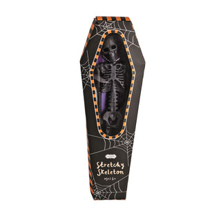 Mud Pie Stretchy Skeletons in coffin boxes—bendable Halloween sensory toys in white, pink, and black for spooky fun.