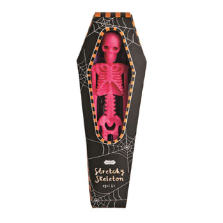 Mud Pie Stretchy Skeletons in coffin boxes—bendable Halloween sensory toys in white, pink, and black for spooky fun.