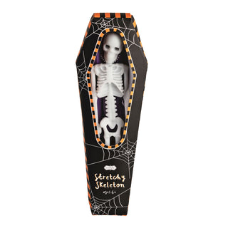 Mud Pie Stretchy Skeletons in coffin boxes—bendable Halloween sensory toys in white, pink, and black for spooky fun.