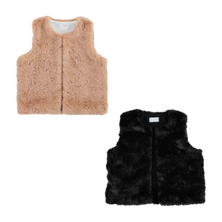Girls’ taupe faux fur vest with hook-and-eye closure—perfect for layering over fall dresses, tops, or sweaters for cozy, classic style.
